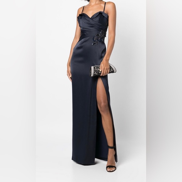 NWT Marchesa Notte Sweetheart Neckline Embroidery Satin Navy Gown - Picture 1 of 17